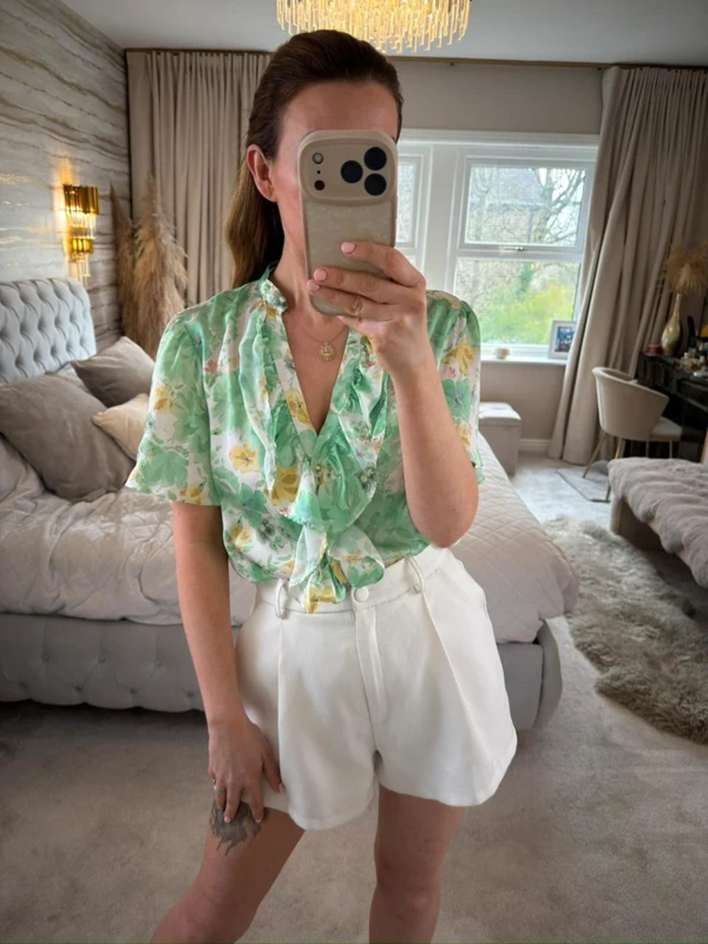 Zara Green Floral Frill Blouse Small