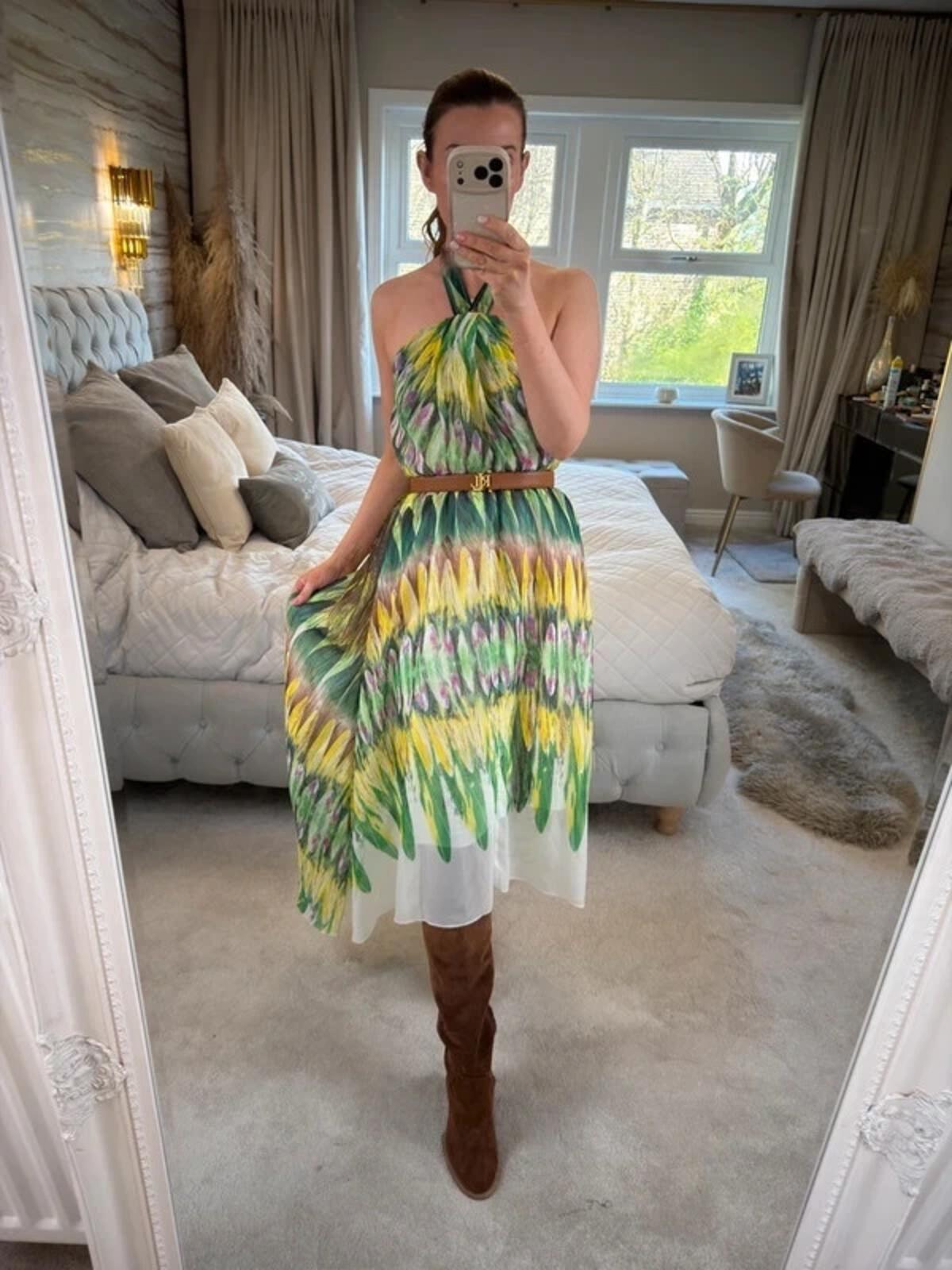 Caroline Morgan Green & Yellow Halterneck Dip Hem Dress 8