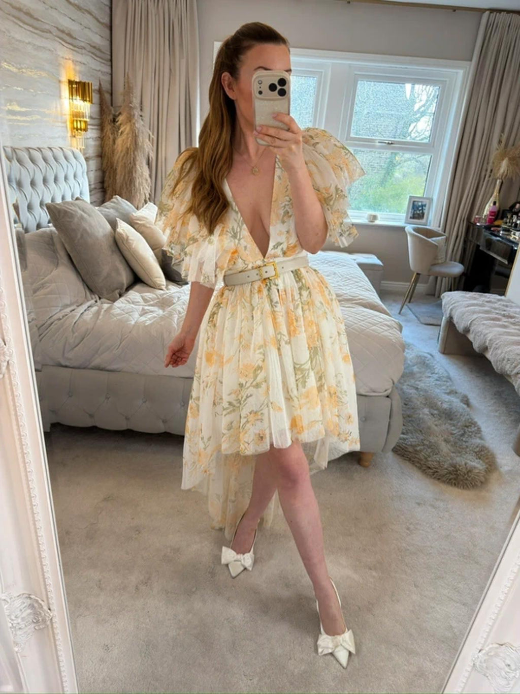River Island Luxe Yellow Floral Tulle Dip Hem Dress 12