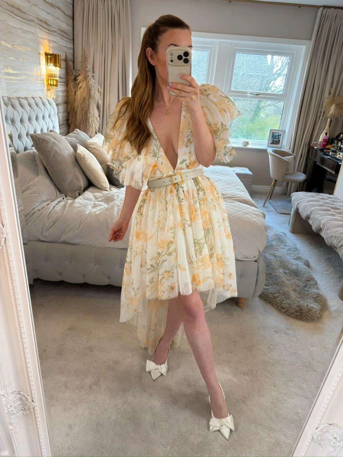 River Island Luxe Yellow Floral Tulle Dip Hem Dress 12