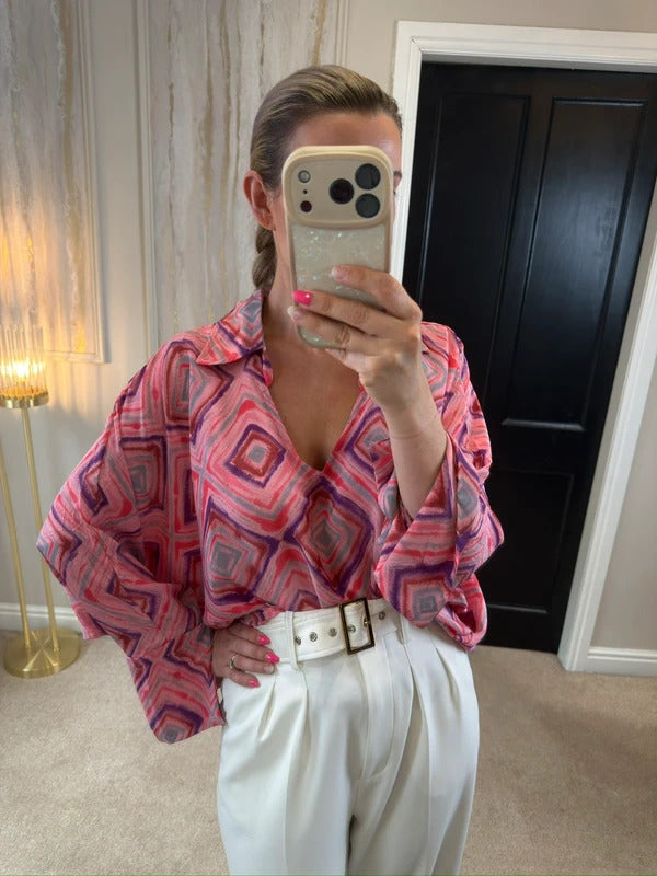 BNWT Gold & Silver Paris Pink Satin Oversized Blouse One Size