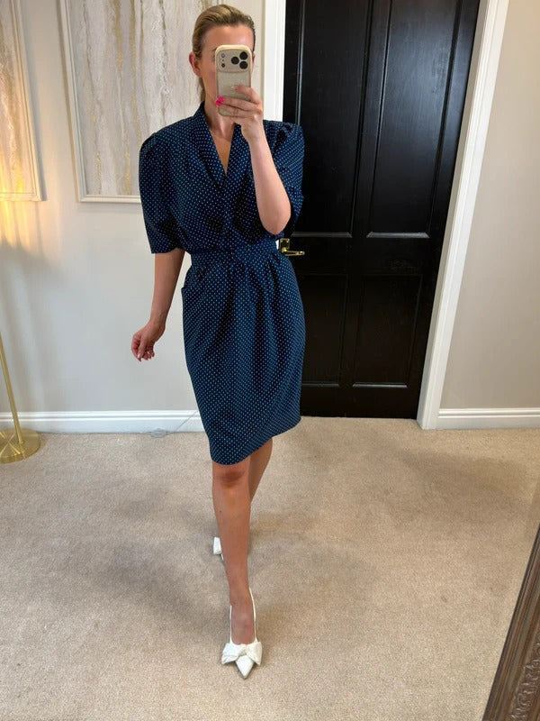 Vintage Navy & White Polka Dot Belted Dress 16