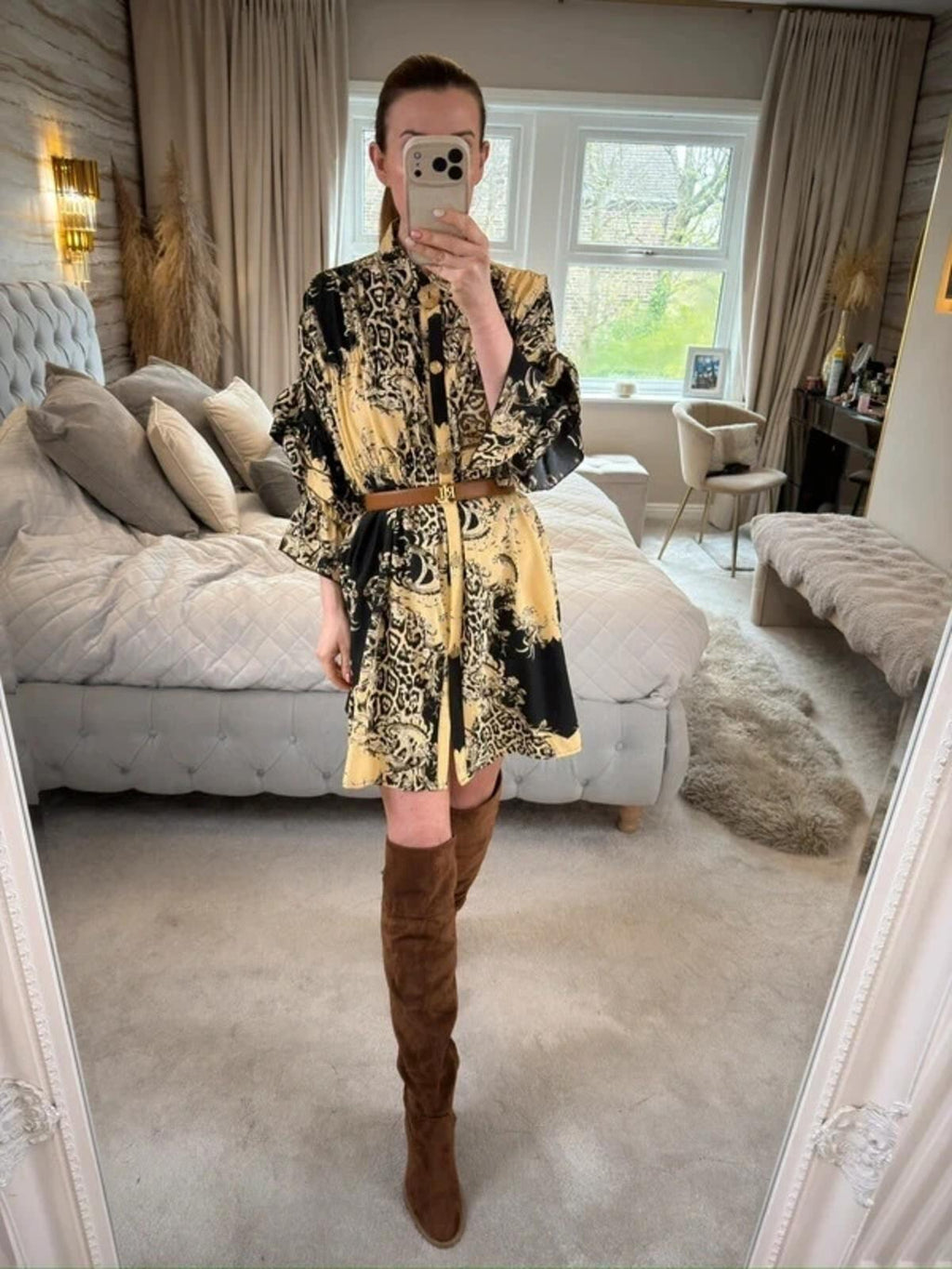 Cherry Koko Cream & Black Animal Print Shirt Dress S/M