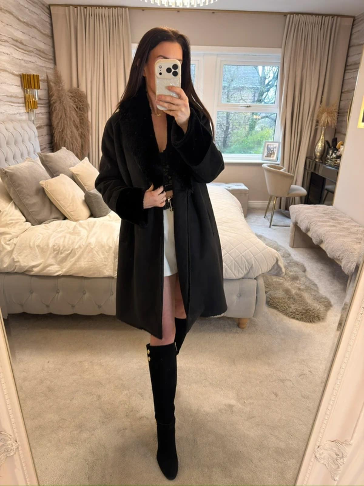 Jigsaw Black Faux Fur Coat Medium