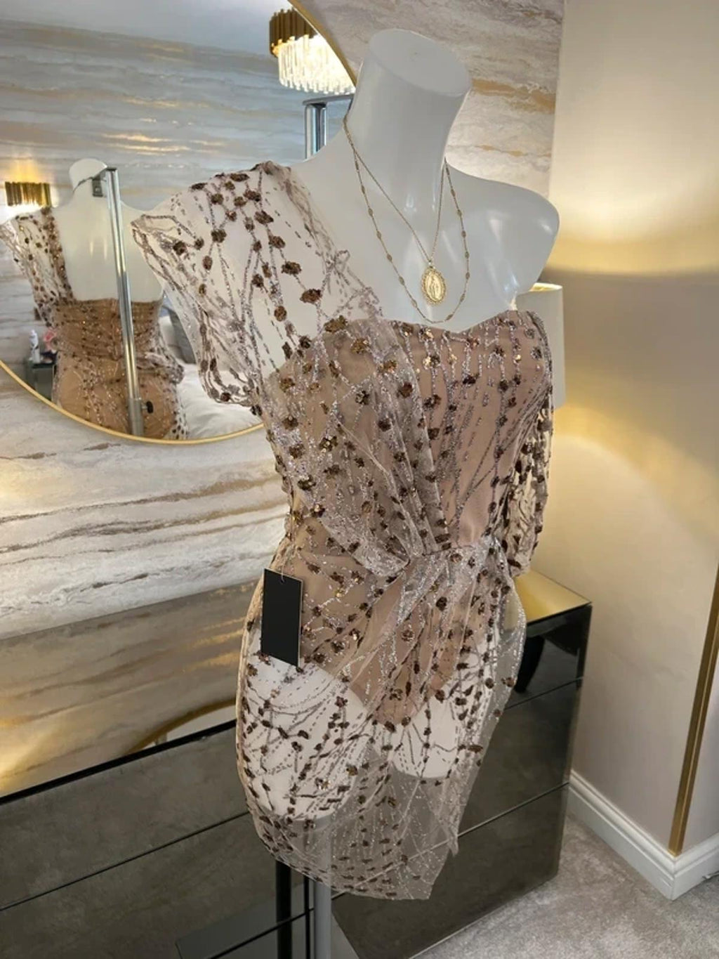 BNWT Dressmezee Nude Glitter Mesh Mini Dress Small