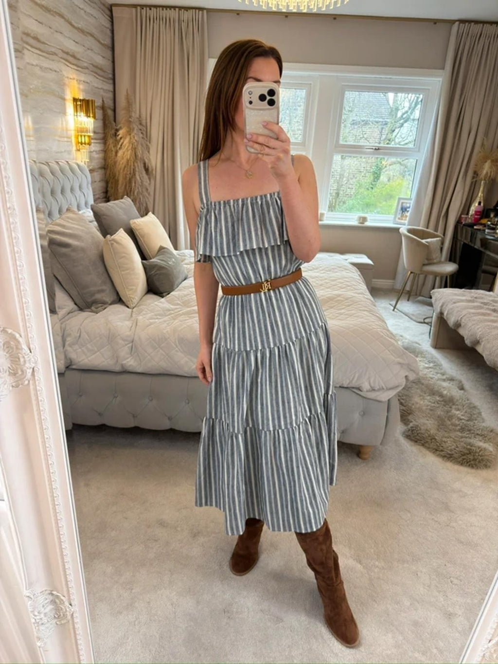 Michael Kors Stripe Tiered Linen Mix Midi Dress XS