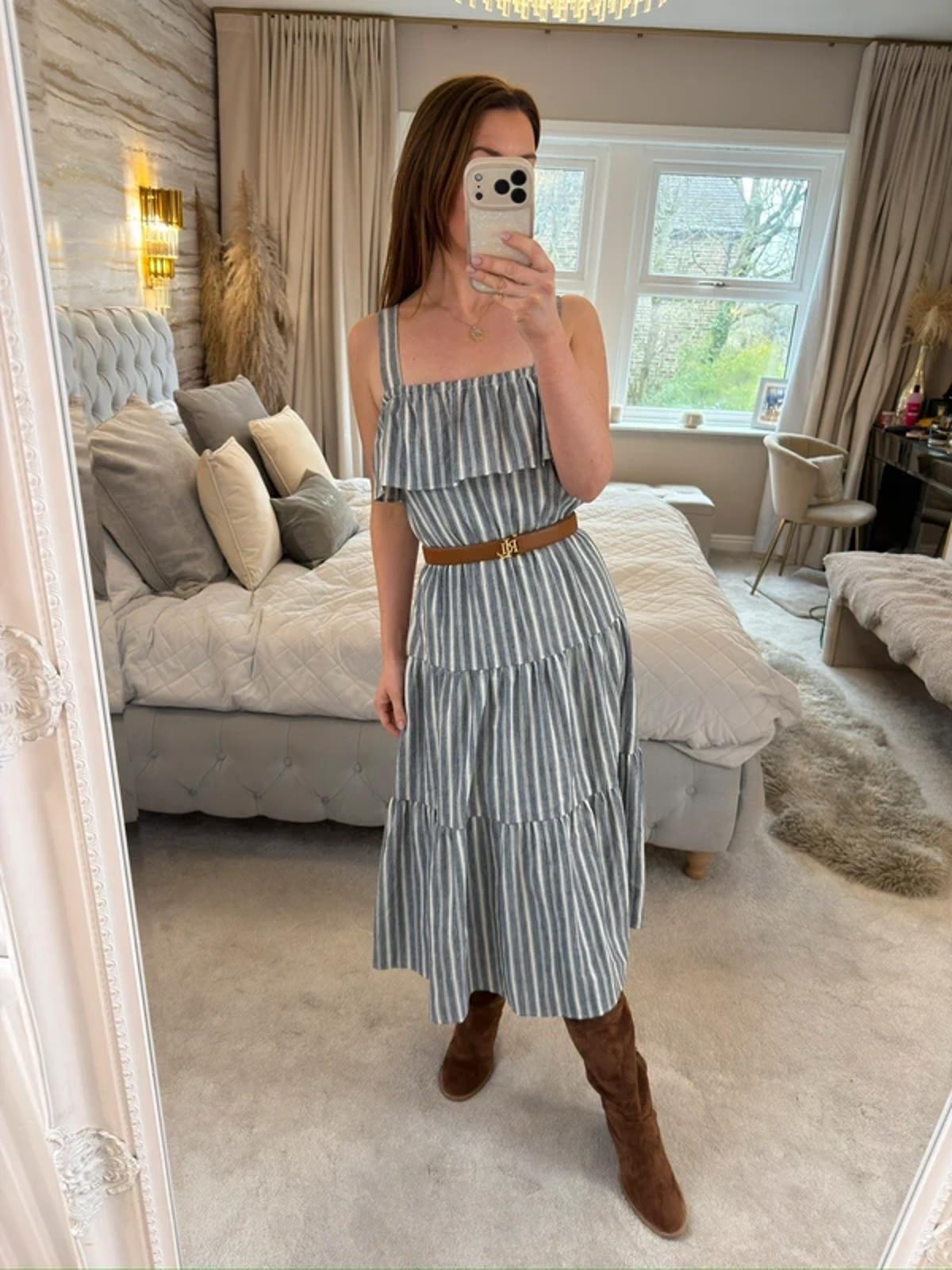 Michael Kors Stripe Tiered Linen Mix Midi Dress XS