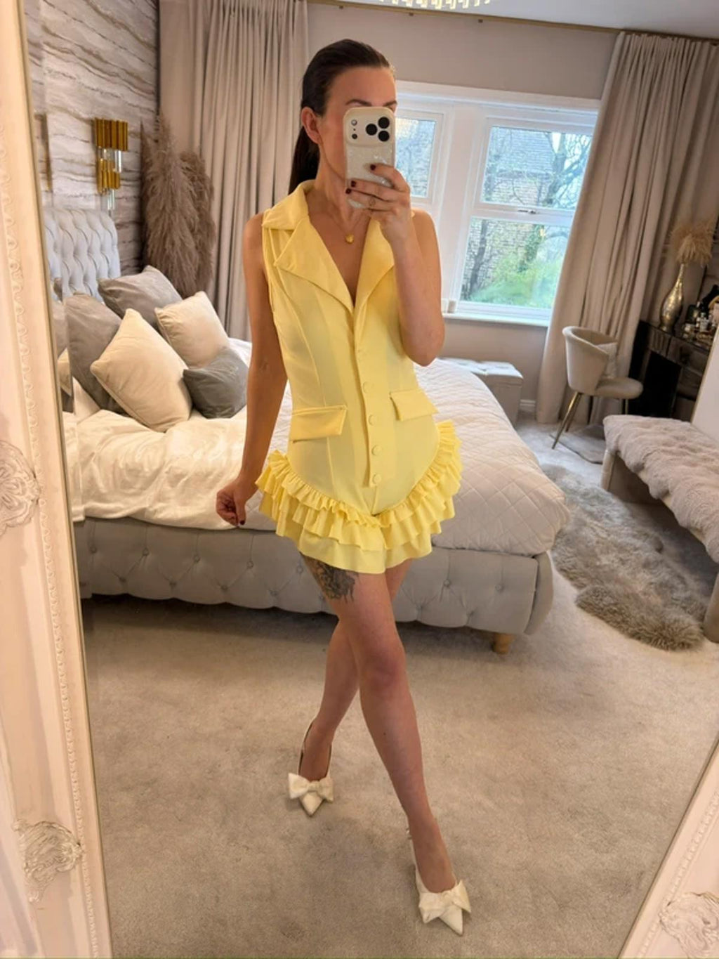 Retro Stage 1960s Yellow Frill Playsuit Small