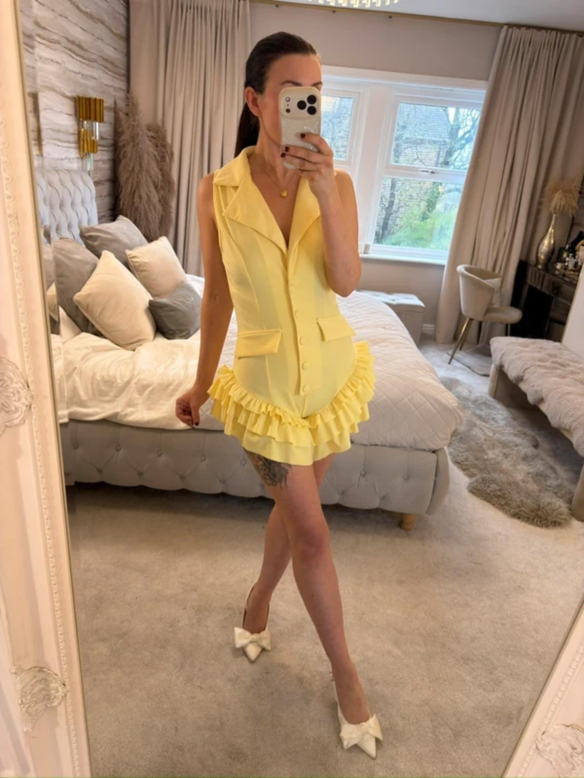 Retro Stage 1960s Yellow Frill Playsuit Small