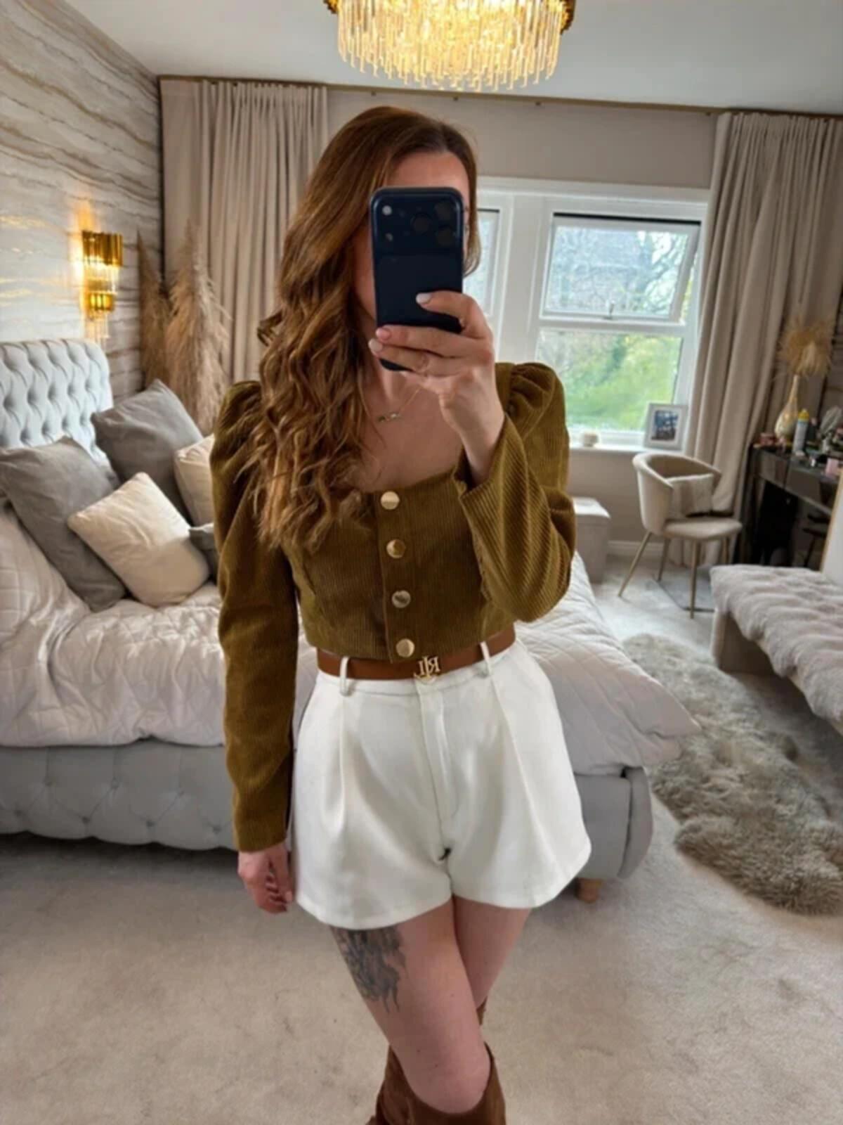 Zara Brown Corduroy Puff Sleeve Top Medium