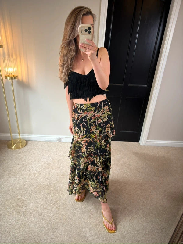 M&S Black Floral Tiered Maxi Skirt 10