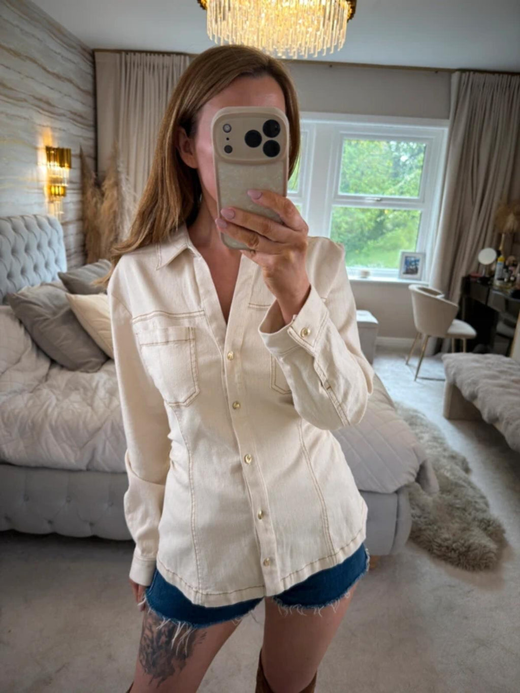Zara Cream Denim Fitted Shirt Large