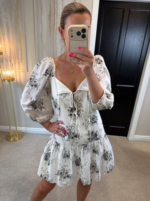 H&M White Floral Tie Front Drop Hem Dress Medium BNWT