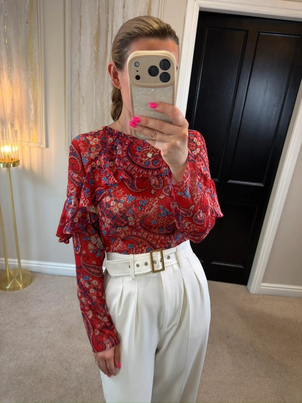 Papaya Red & Blue Sheer Paisley Frill Blouse 10