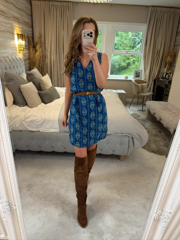 Beach Lunch Lounge Blue Tassel Boho Mini Dress XS