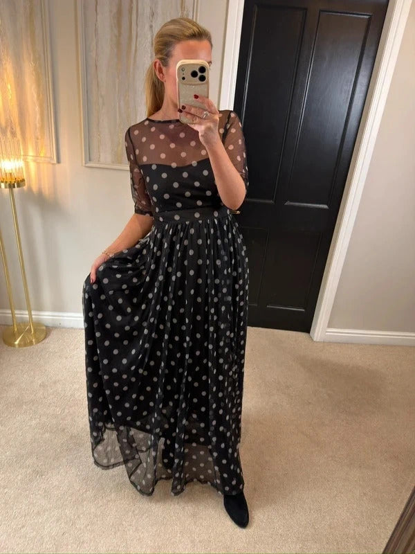 Floryday Black & White Polka Dot Mesh Maxi Dress Medium