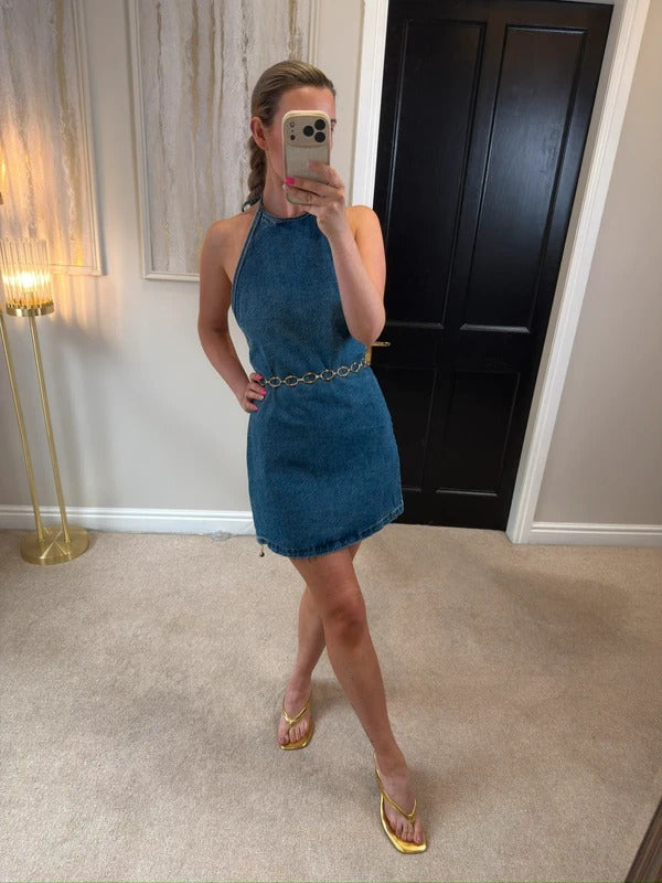 Zara Denim Low Back Mini Dress Size Medium