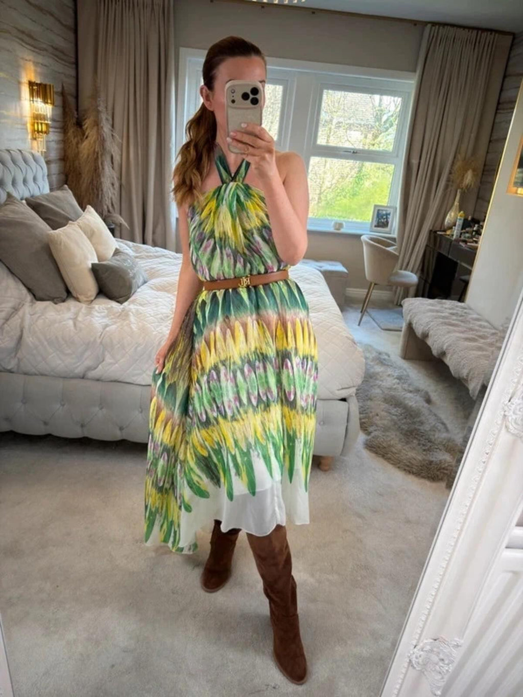 Caroline Morgan Green & Yellow Halterneck Dip Hem Dress 8