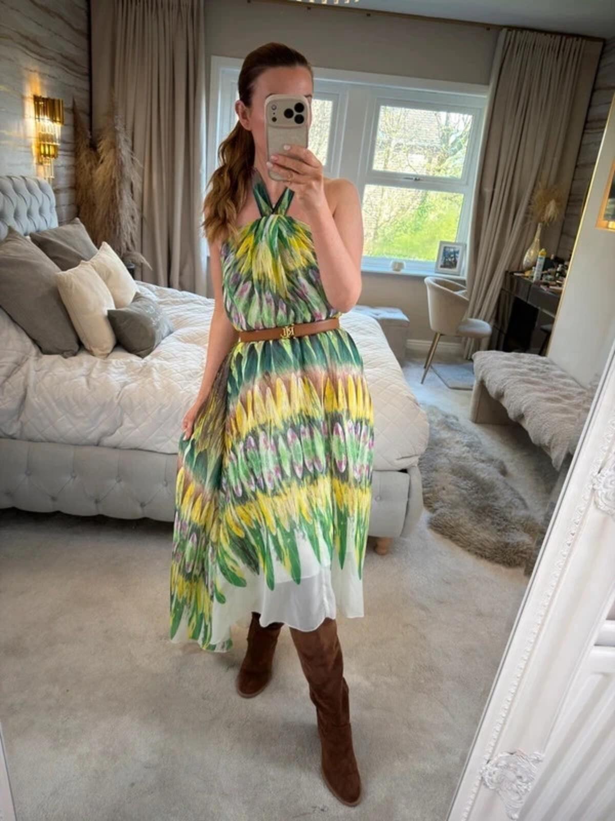 Caroline Morgan Green & Yellow Halterneck Dip Hem Dress 8