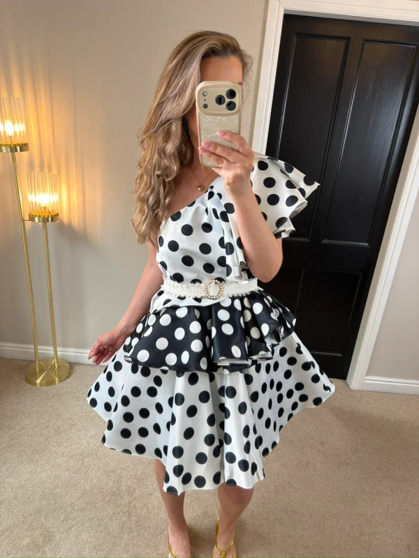 BNWT Forever Unique Black & White Polka Dot Layered One Shoulder Dress 8