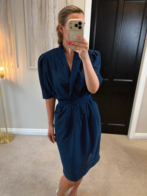 Vintage Navy & White Polka Dot Belted Dress 16
