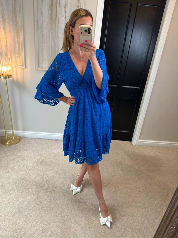 Boutique Cobalt Blue Lace Frill Dress One Size