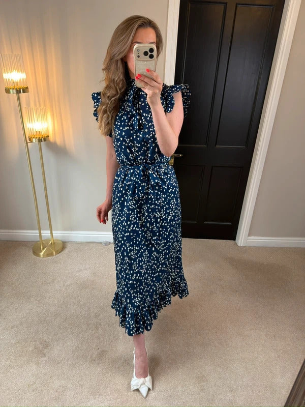 Anne Louise Boutique Navy & White Heart Frill Midi Dress 10