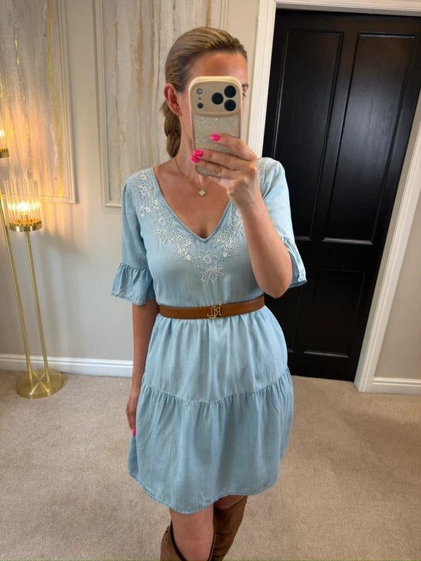 Accessorize XS Light Denim Embroidered Boho Mini Dress XS