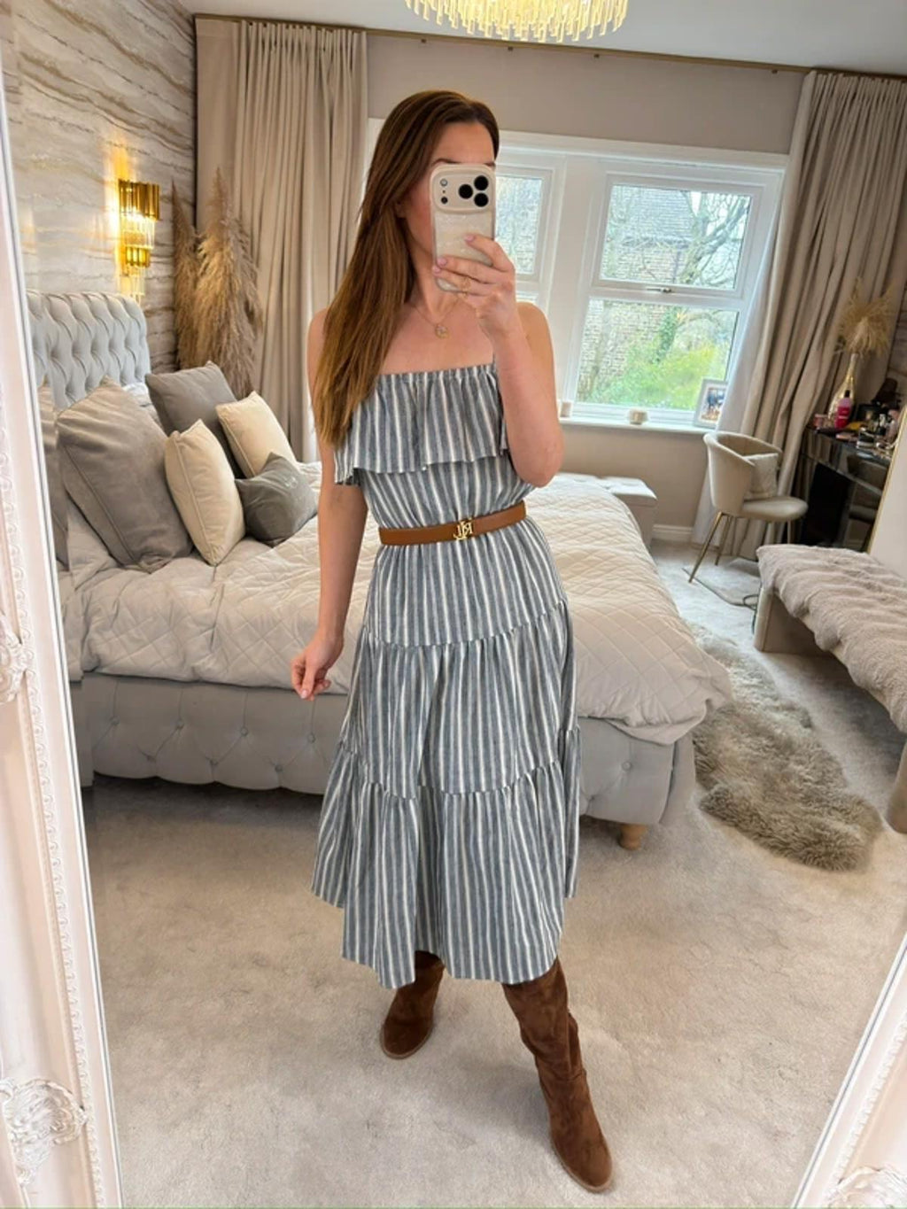 Michael Kors Stripe Tiered Linen Mix Midi Dress XS