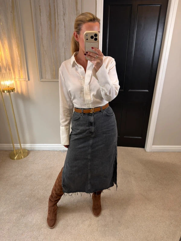 Topshop Washed Black Distressed Split Midi Skirt 10