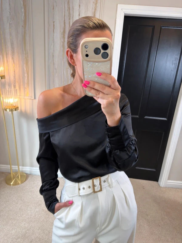 River Island Black Satin Off The Shoulder Blouse 8