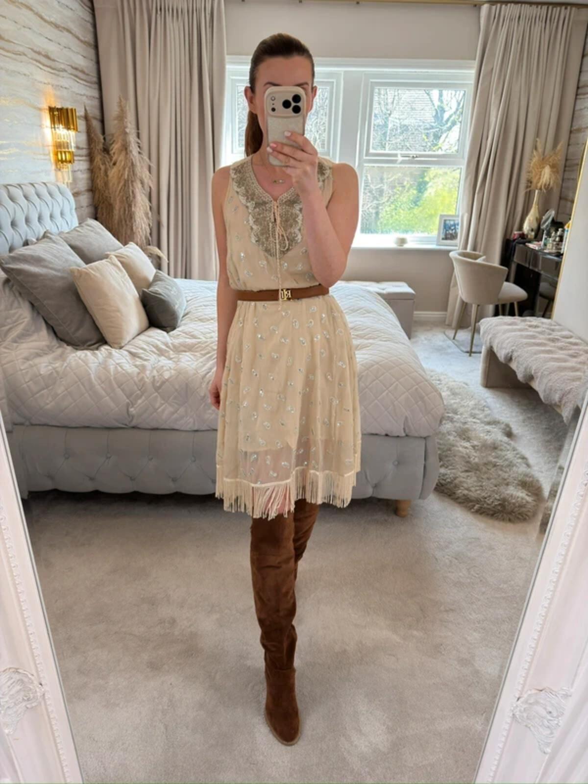 ⭐ Shilpavan Decor Exclusive Beige Boho Tassel Embellished Dress Medium