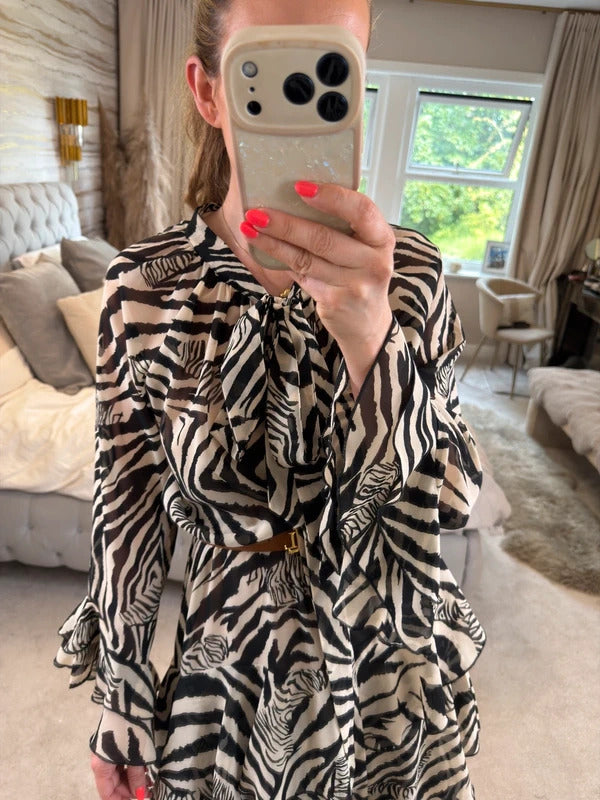 ARRI Black & Cream Sheer Dip Hem Frill Animal Print Dress 10