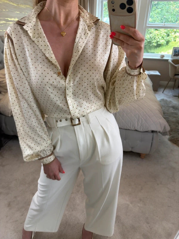 Vintage Aquascutum Cream & Brown Paisley Polka Dot Blouse Medium
