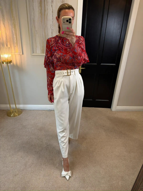 Papaya Red & Blue Sheer Paisley Frill Blouse 10