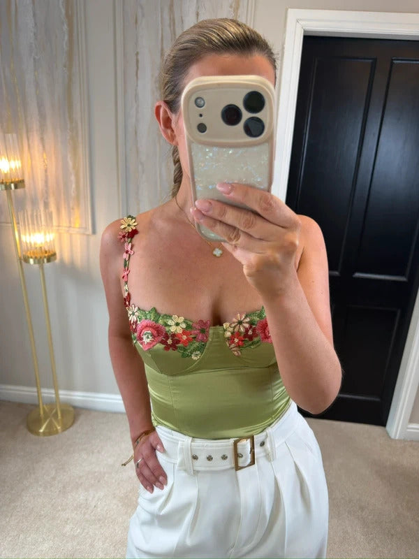 BNWT Princess Polly Green Satin Floral Bralette 6