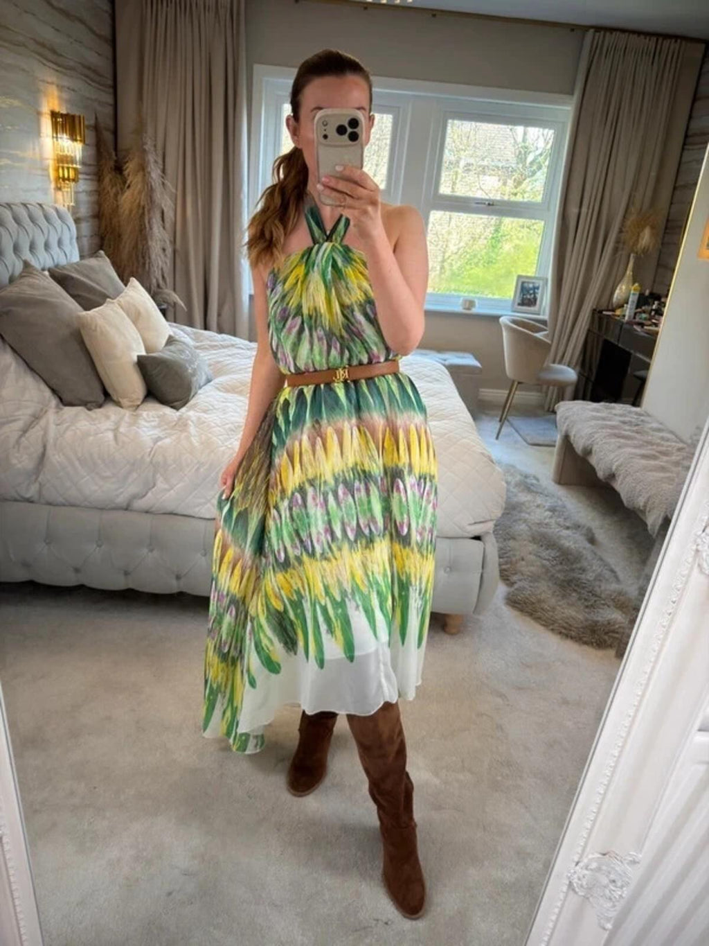 Caroline Morgan Green & Yellow Halterneck Dip Hem Dress 8