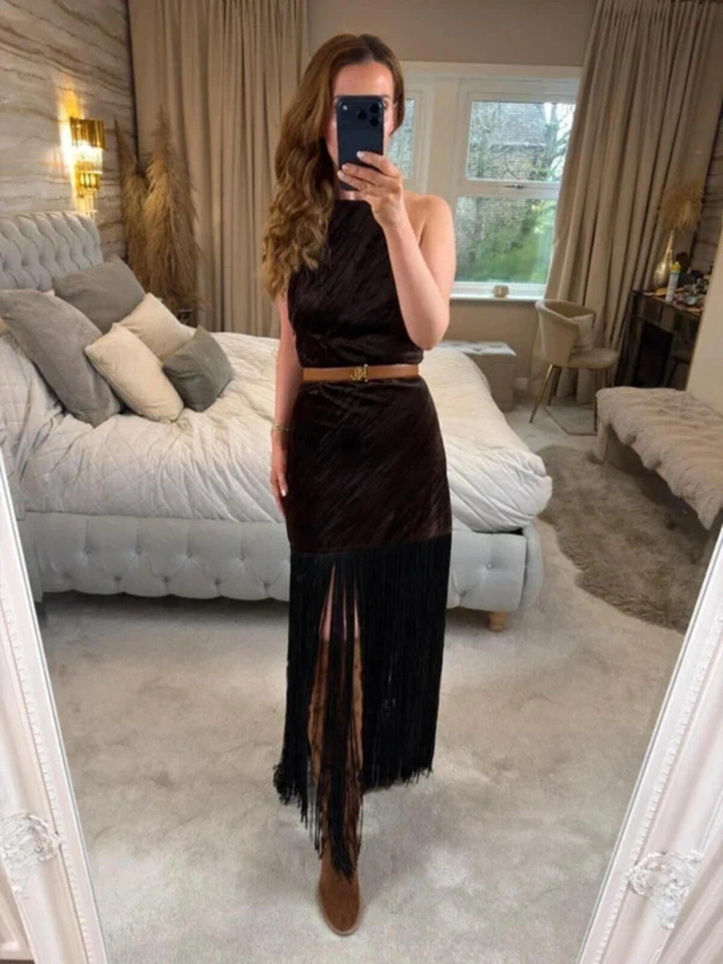 BNWT Brown Velvet Fringe Festival Dress Medium