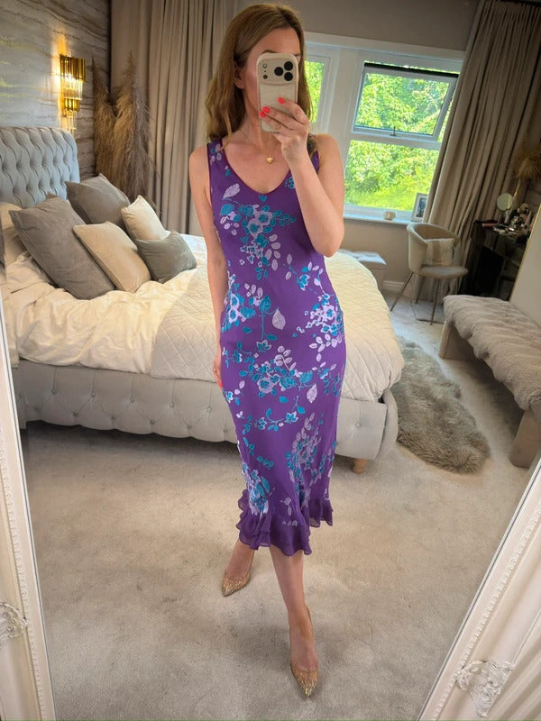 Vintage Monsoon Purple Floral Silk Devore Midi Dress 10/12