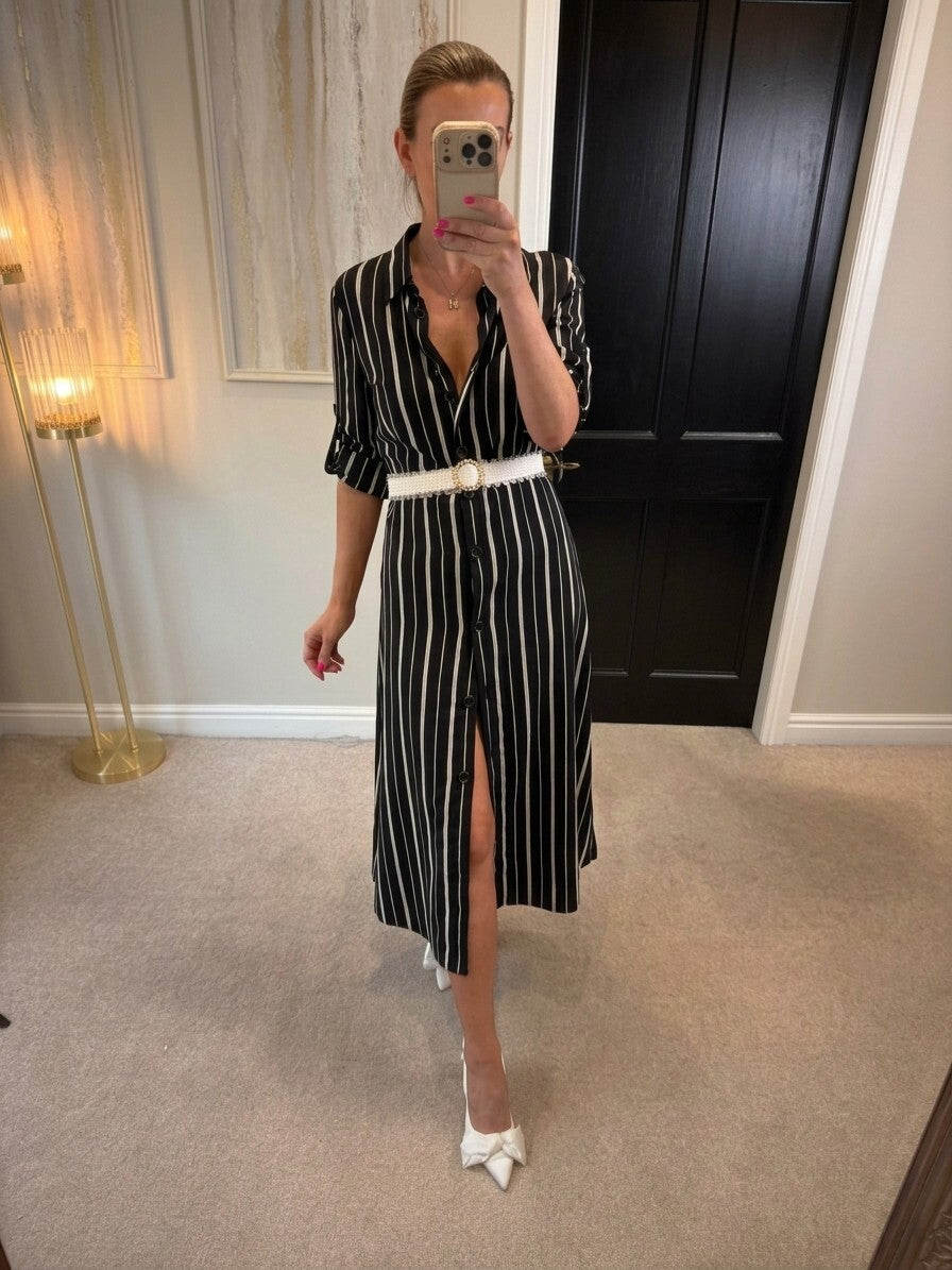 Riani Black & White Striped Shirt Dress Short Sleeve Size 10