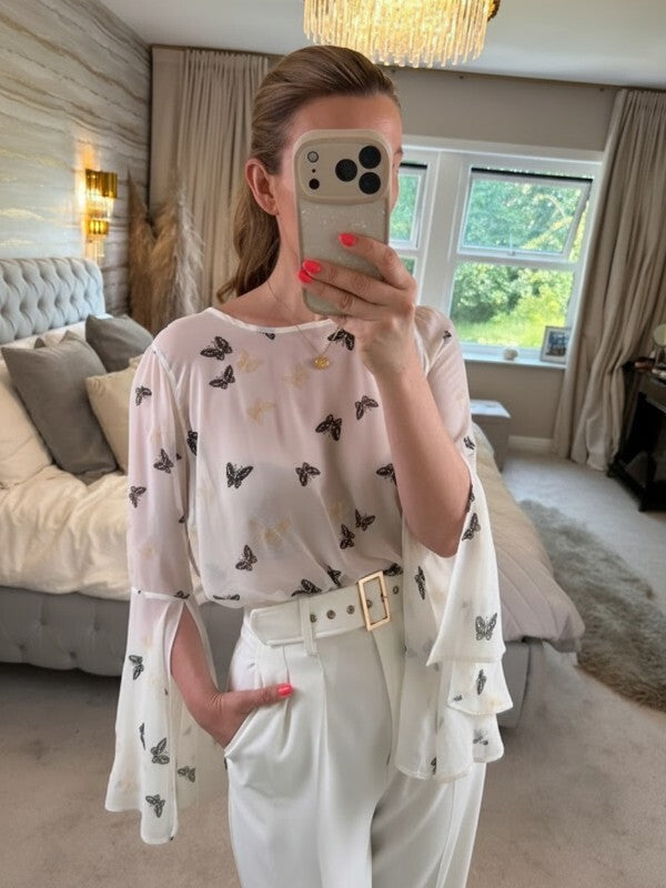 Ribbon White Sheer Butterfly Flared Sleeve Blouse 10