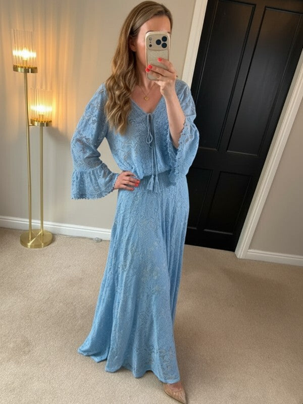 Boutique Light Blue Lace Wide Leg Trouser Boho Co Ord One Size
