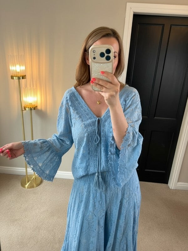 Boutique Light Blue Lace Wide Leg Trouser Boho Co Ord One Size