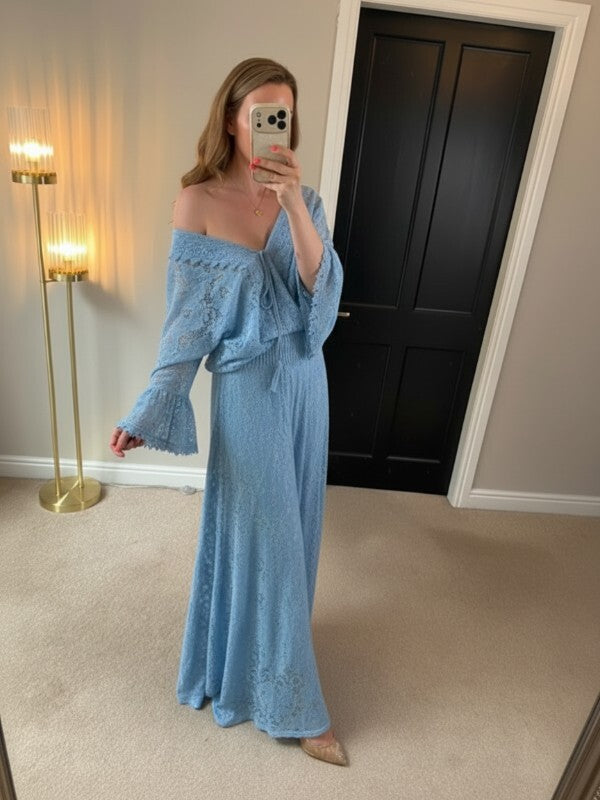 Boutique Light Blue Lace Wide Leg Trouser Boho Co Ord One Size