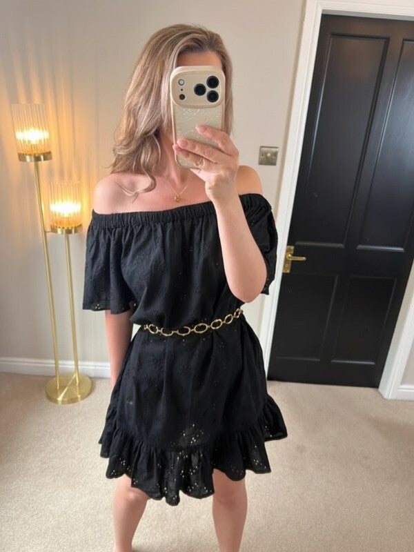 Floozie Off The Shoulder Black Broderie Anglaise Mini Dress Medium