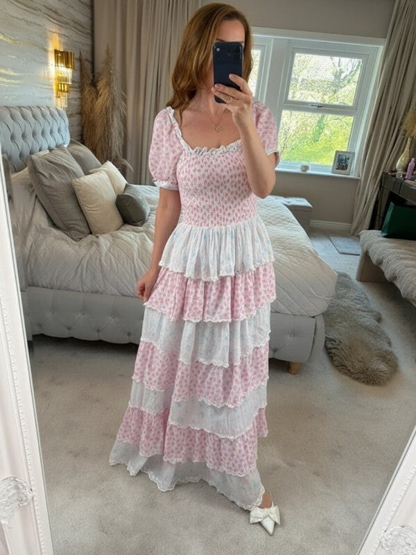 Amy Jane London Luna Pink & Blue Floral Tiered Maxi Dress Medium
