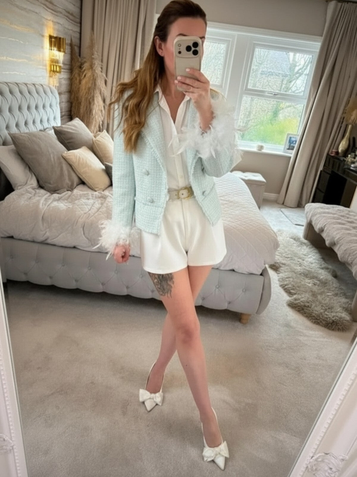 BNWT River Island Mint Green Tweed Feather Cuff Blazer 10
