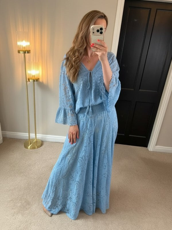 Boutique Light Blue Lace Wide Leg Trouser Boho Co Ord One Size