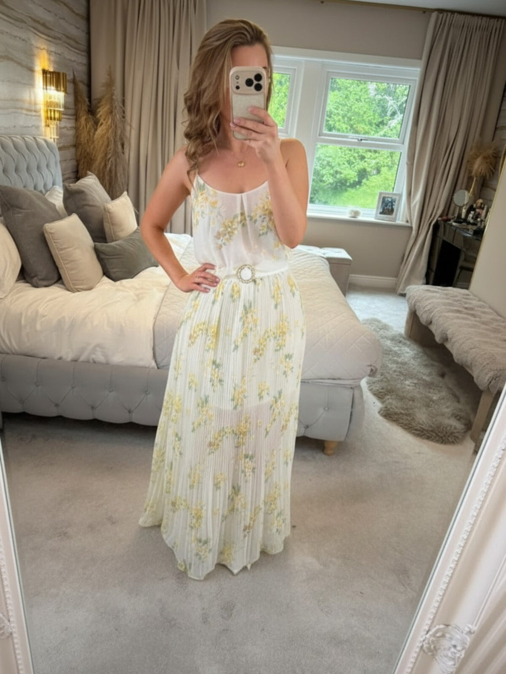 Oasis Sheer White & Yellow Floral Pleated Maxi Dress 12