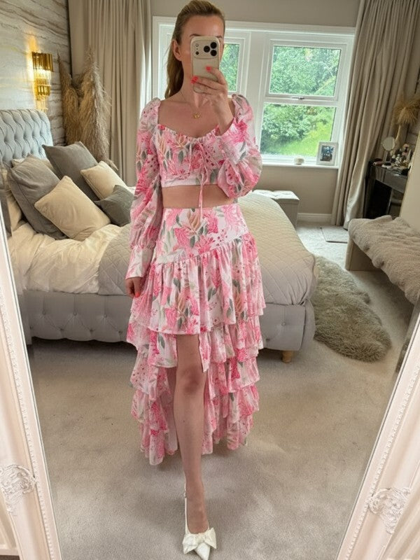 Moocci Pink & White Floral Tiered Skirt Co Ord